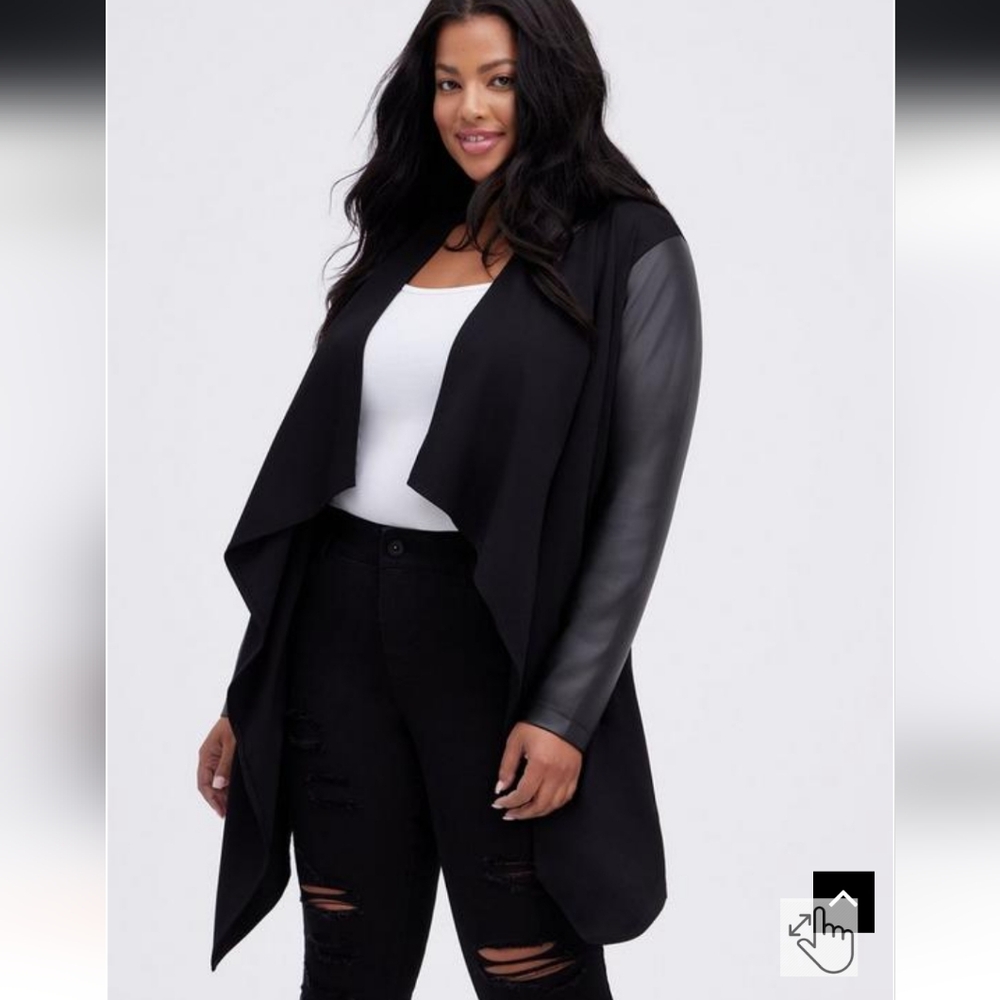 Black Ponte & Faux Leather Drape Front Kimono